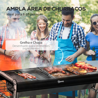 Outsunny Barbecue a Carvão Barbecue Portátil com Grelha de Aço Inoxidável Prateleira para Temperos e Prateleira de Armazenamento para Jardim Campismo 96x61x72 cm Preto