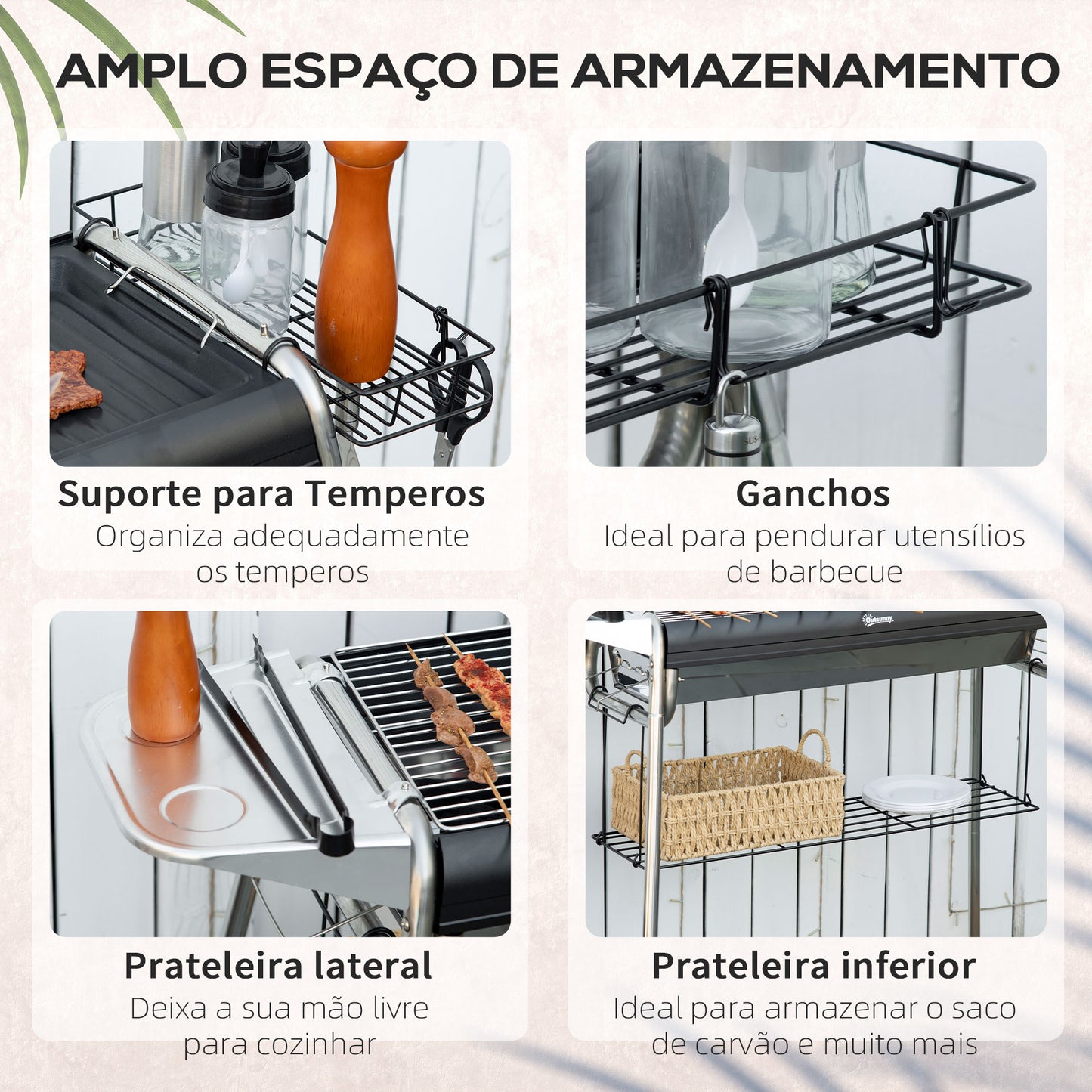 Outsunny Barbecue a Carvão Barbecue Portátil com Grelha de Aço Inoxidável Prateleira para Temperos e Prateleira de Armazenamento para Jardim Campismo 96x61x72 cm Preto