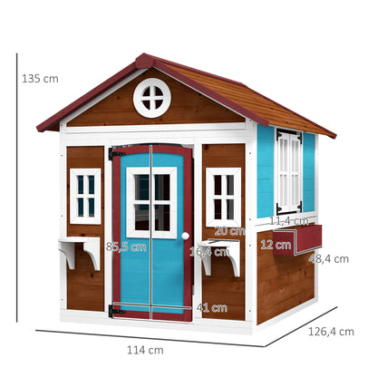 Outsunny Casa de Brincar Infantil para Jardim Casa de Madeira para Crianças com Porta Janelas e Floreiras 114x126,5x135 cm Marróm Escuro