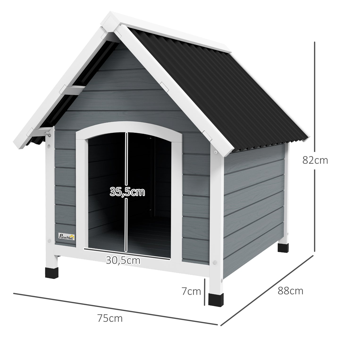 PawHut Casota para Cães 75x88x82 cm Casa para Cães de Tamanho Médio com Telhado de Telhas de Imitação Pés Elevados e Chão Removível para Exterior Cinza