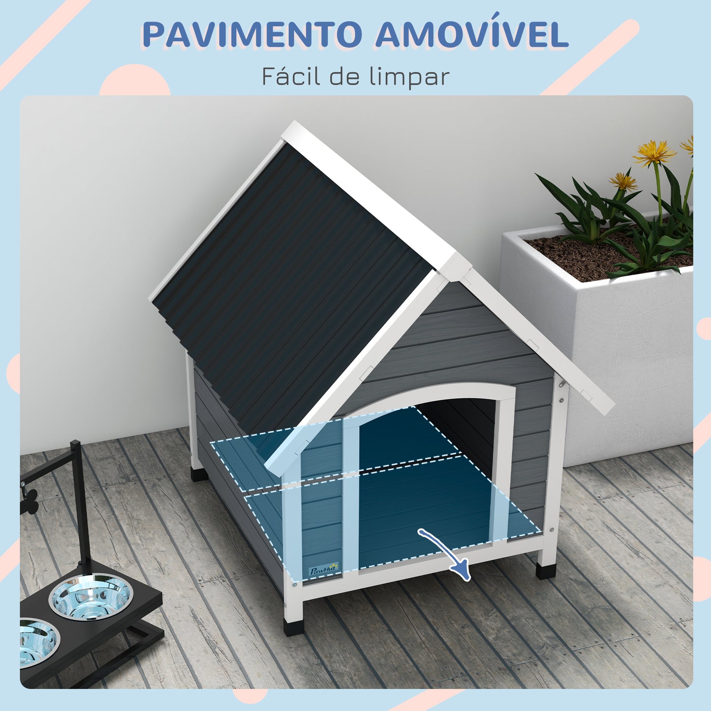 PawHut Casota para Cães 75x88x82 cm Casa para Cães de Tamanho Médio com Telhado de Telhas de Imitação Pés Elevados e Chão Removível para Exterior Cinza