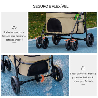 PawHut Carrinho para Animais de Estimação 2 em 1 Carrinho para Cães Dobrável com 2 Correias de Segurança Almofadado e Estrutura de Aço 81x68x98,5 cm Cáqui