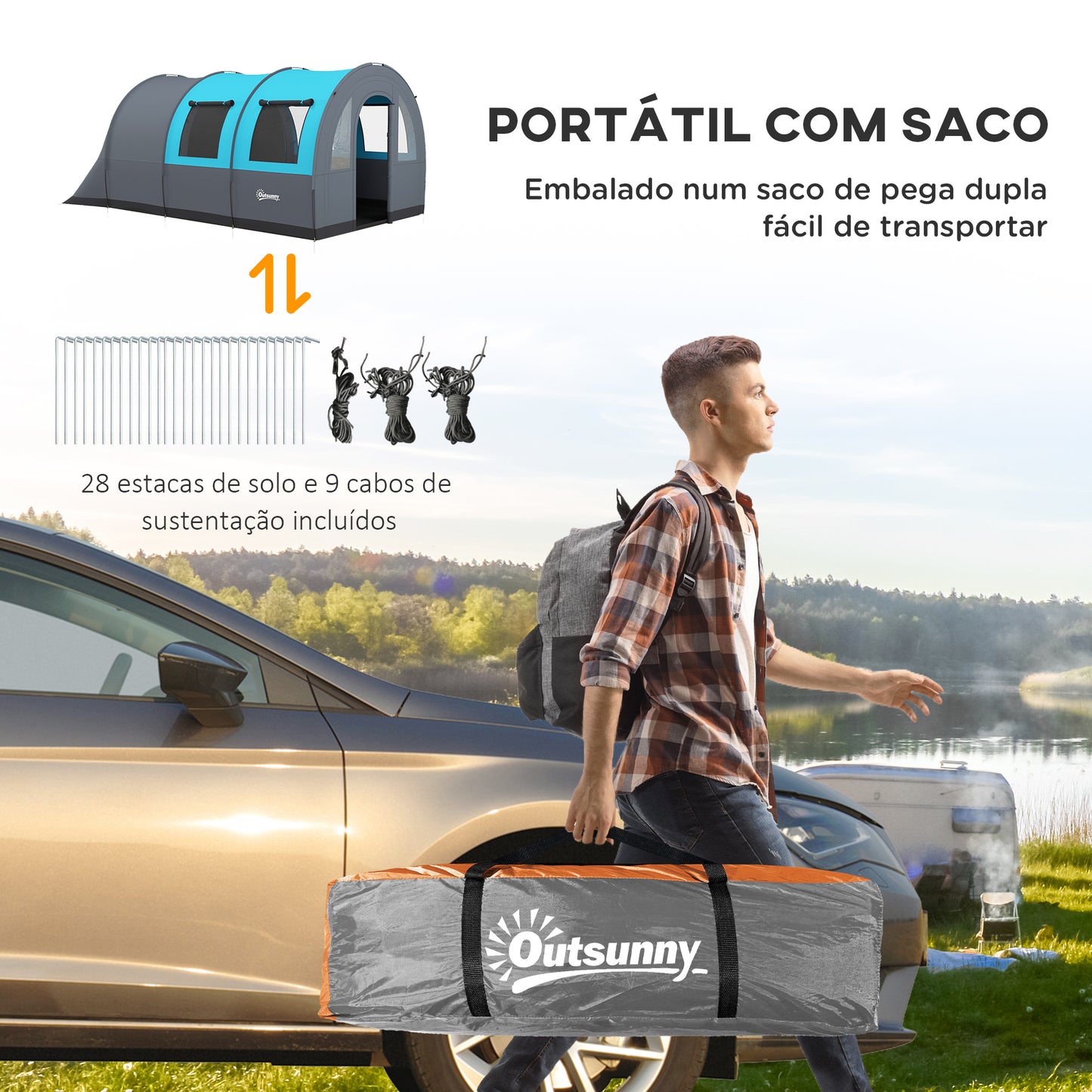 Outsunny Tenda de Campismo Familiar para 5-6 Pessoas Tenda de Campismo Dobrável com 2 Quartos Portas e Bolsa de Transporte Impermeável 3000 mm para Trekking 480x260x200 cm Cinza