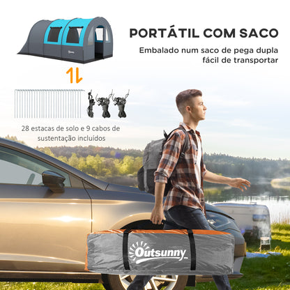 Outsunny Tenda de Campismo Familiar para 5-6 Pessoas Tenda de Campismo Dobrável com 2 Quartos Portas e Bolsa de Transporte Impermeável 3000 mm para Trekking 480x260x200 cm Cinza