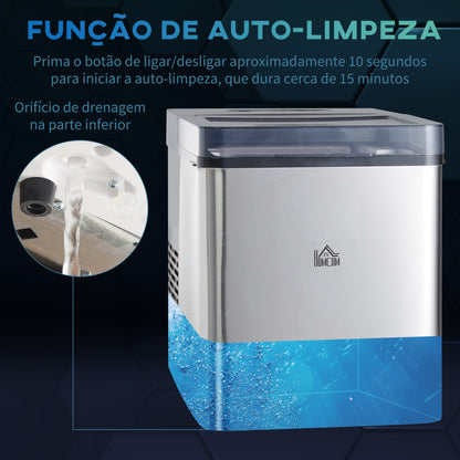 HOMCOM Máquina de Fazer Gelo Máquina de Gelo Doméstica 9 Cubos de Gelo em 6-12 Minutos Capacidade 15 kg em 24h 2 Tamanhos de Gelo Depósito de Água 2,1L 25,2x37,5x31,2 cm Preto