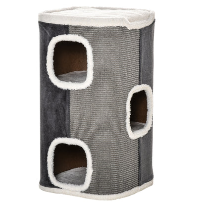 PawHut Arranhador em Forma de Cilindro para Gatos 74cm de Altura Torre de Escalar com 3 Cavernas de Sisal e Pelúcia Plataforma de Velo 40x40x74cm Cinza