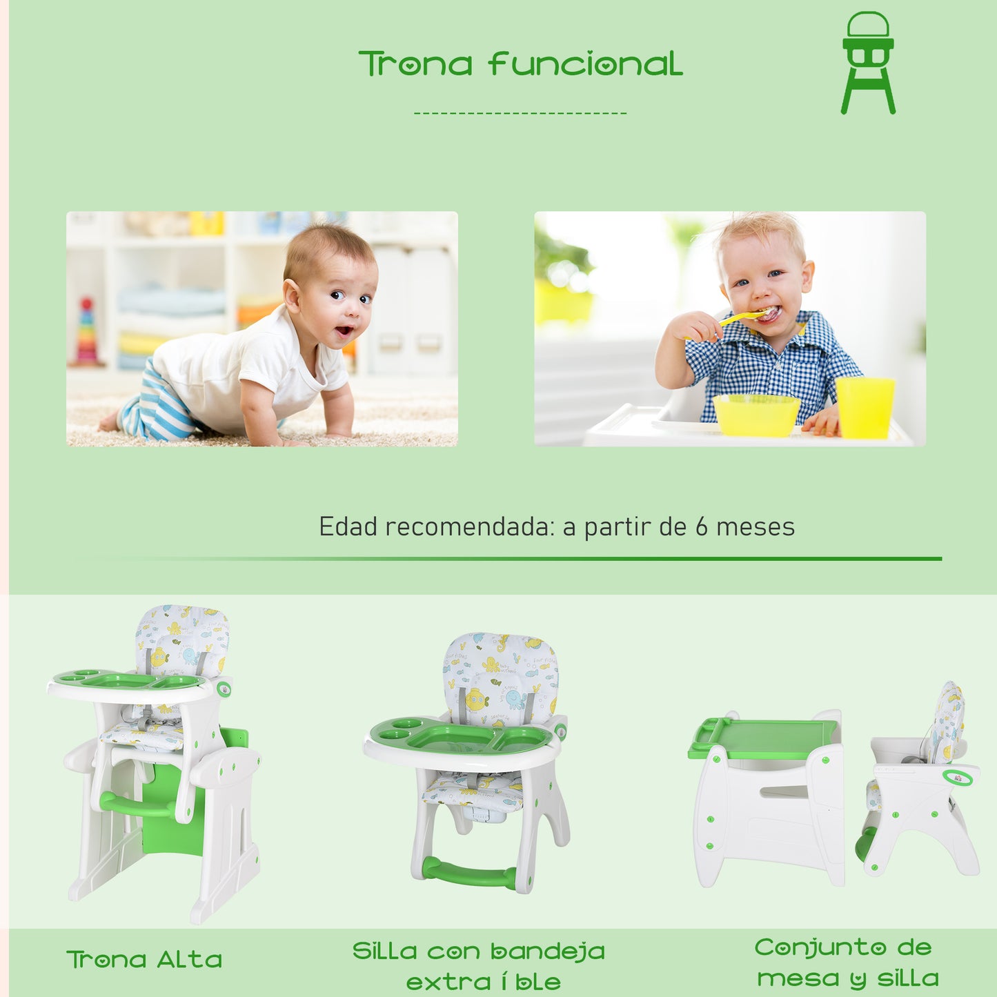 HOMCOM Cadeira para bebês 3 em 1 por mais de 6 meses Transformar em mesa e cadeira multifuncional Ajustável em 3 posições encosto alto Acolchoado Com 2 bandejas removíveis 57x59x105 cm Verde