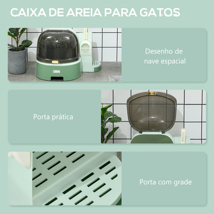 PawHut Caixa de Areia para Gatos com Cobertura Caixa de Areia para Gatos com Forma de Cápsula Espacial com 2 Bandejas Amovíveis e Pá 52x60x42 cm Verde