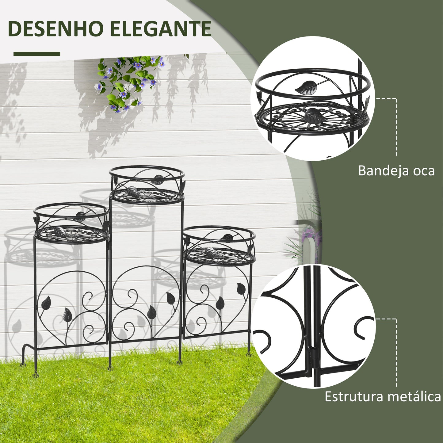 Outsunny Suporte de Metal para Plantas Suporte Dobrável para Flores com 3 Prateleiras Decoração de Interior Exterior para Jardim Terraço Balcão 74x23x62cm Preto