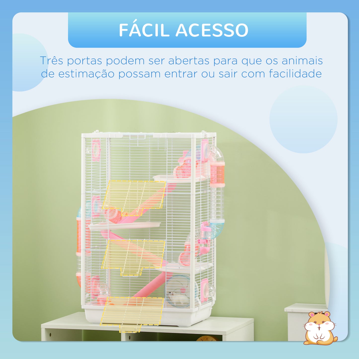 PawHut Gaiola para Hamster com Túnel Gaiola para Roedores com 3 Portas Plataformas Bandeja Comedouro Bebedouro Casa 3 Rampas e Roda de Exercícios 47x29,5x76 cm Branco