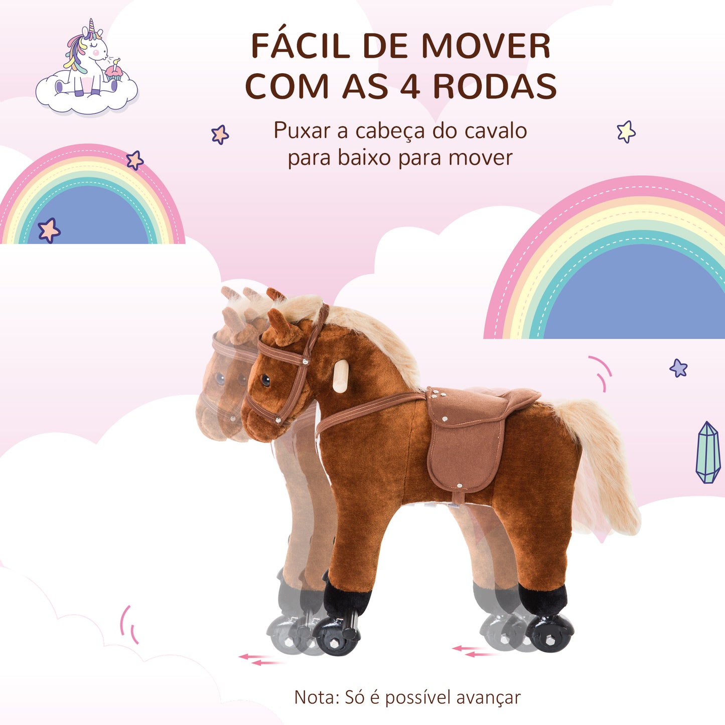 HOMCOM Cavalo para Crianças acima de 36 Meses Cavalo com Rodas Sons de Relincho e Pedais Carga Máxima 60 kg 55x23x60 cm Marrom