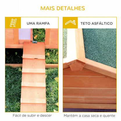 PawHut Coelheira de Madeira 309x79x86 cm Coelheira de Exterior Grande para 2-4 Coelhos 2 Cercados Bandeja Amovível Teto Asfáltico 2 Rampas Madeira