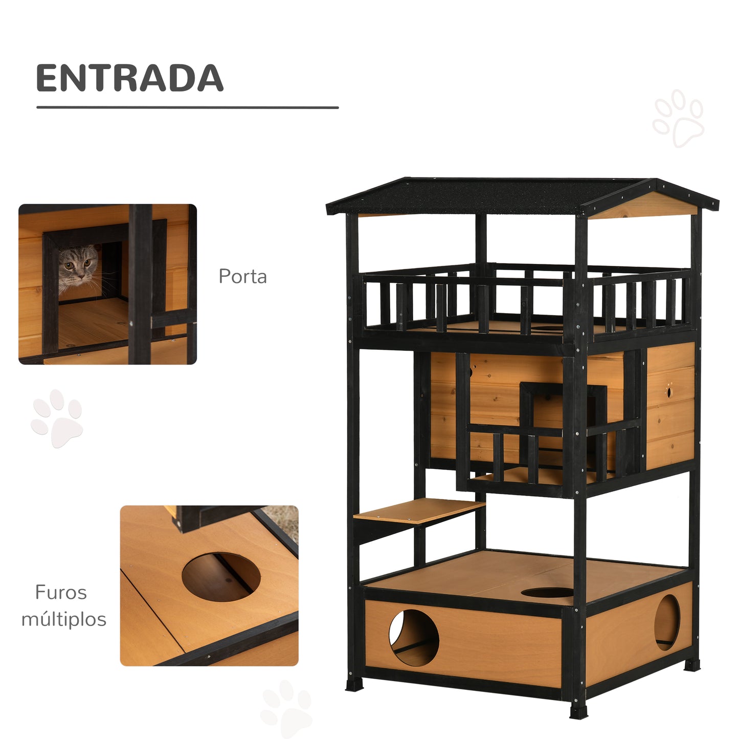 PawHut Casa para Gatos de Madeira 75,5x75x137 cm Abrigo para Gatos com Telhado Asfáltico Plataformas e Ninho para Interior e Exterior Natural