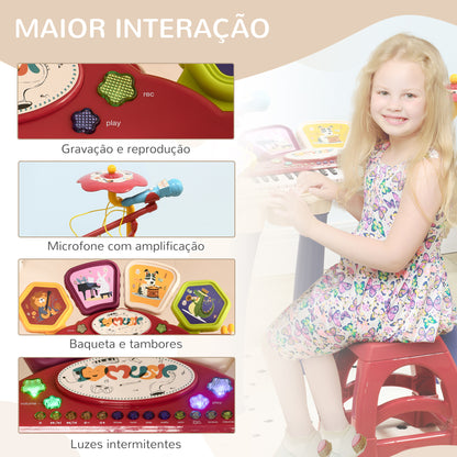 AIYAPLAY Piano Eletrónico para Crianças com 32 Teclas Piano Infantil 2 em 1 com Microfone Banco Luzes 19 Músicas Bateria e Volume Ajustável 74x32,2x71 cm Multicor