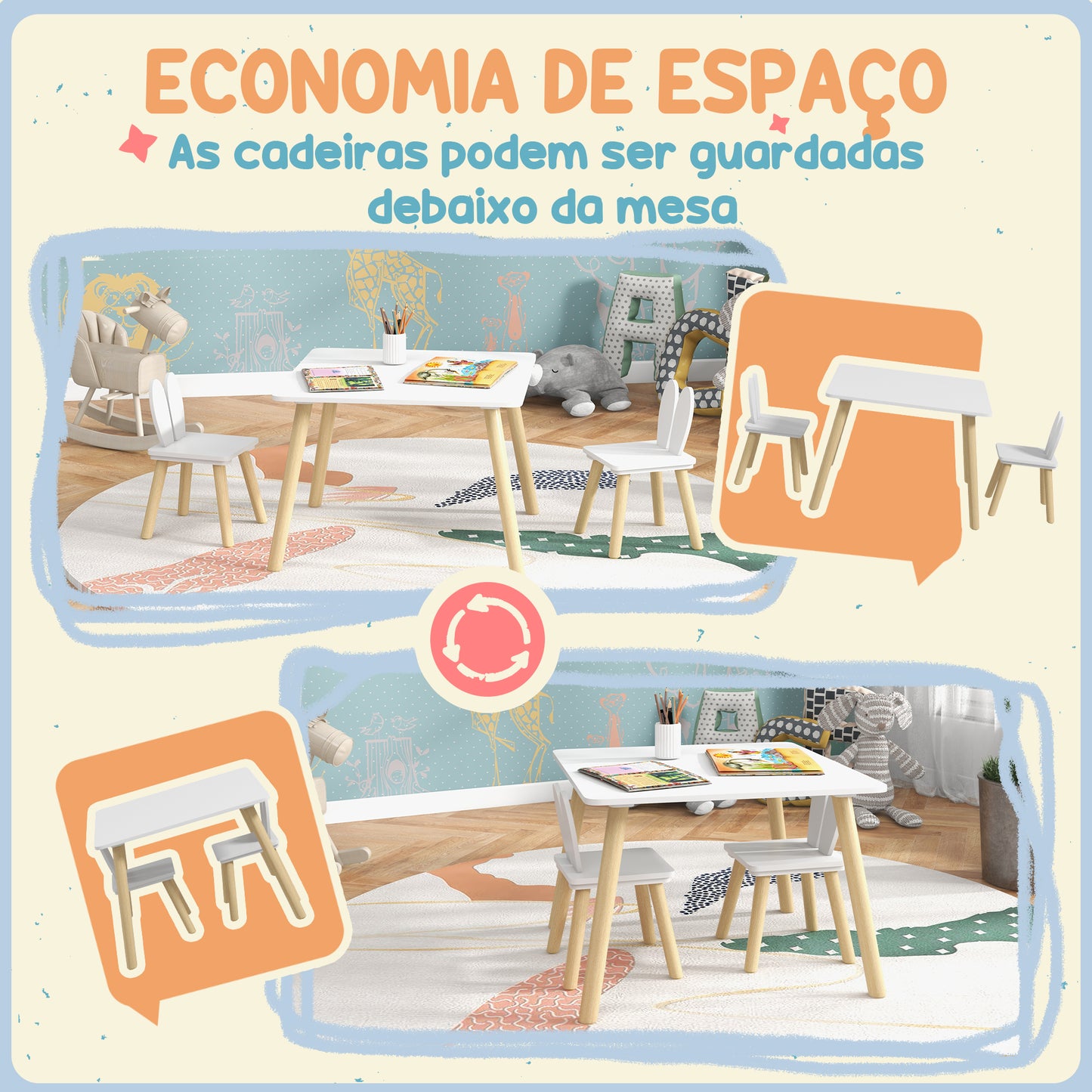 AIYAPLAY Conjunto de Mesa Infantil e 2 Cadeiras Mesa Infantil com Costas de Cadeiras com Orelhas de Coelho Mesa Infantil para Quarto de Bebé Sala de Jogos Branca