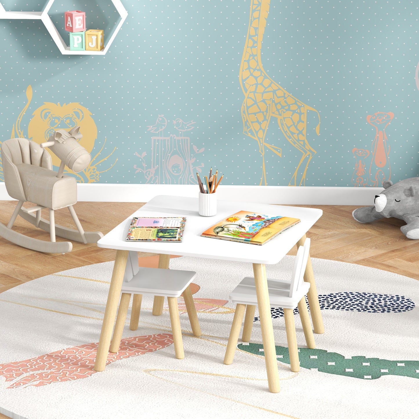 AIYAPLAY Conjunto de Mesa Infantil e 2 Cadeiras Mesa Infantil com Costas de Cadeiras com Orelhas de Coelho Mesa Infantil para Quarto de Bebé Sala de Jogos Branca