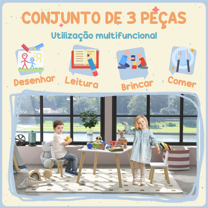 AIYAPLAY Conjunto de Mesa Infantil e 2 Cadeiras Mesa Infantil com Costas de Cadeiras com Orelhas de Coelho Mesa Infantil para Quarto de Bebé Sala de Jogos Branca