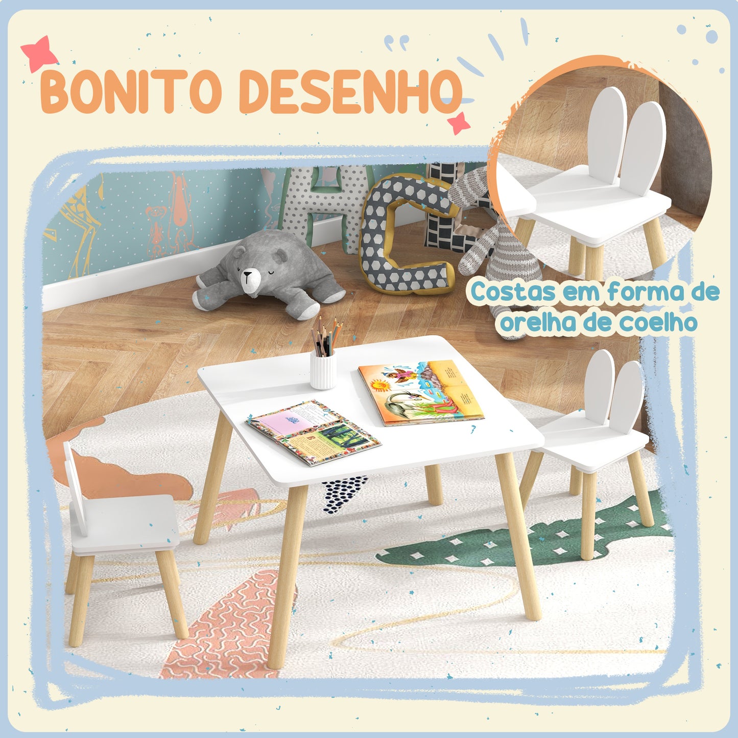 AIYAPLAY Conjunto de Mesa Infantil e 2 Cadeiras Mesa Infantil com Costas de Cadeiras com Orelhas de Coelho Mesa Infantil para Quarto de Bebé Sala de Jogos Branca