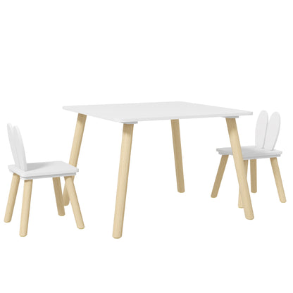 AIYAPLAY Conjunto de Mesa Infantil e 2 Cadeiras Mesa Infantil com Costas de Cadeiras com Orelhas de Coelho Mesa Infantil para Quarto de Bebé Sala de Jogos Branca