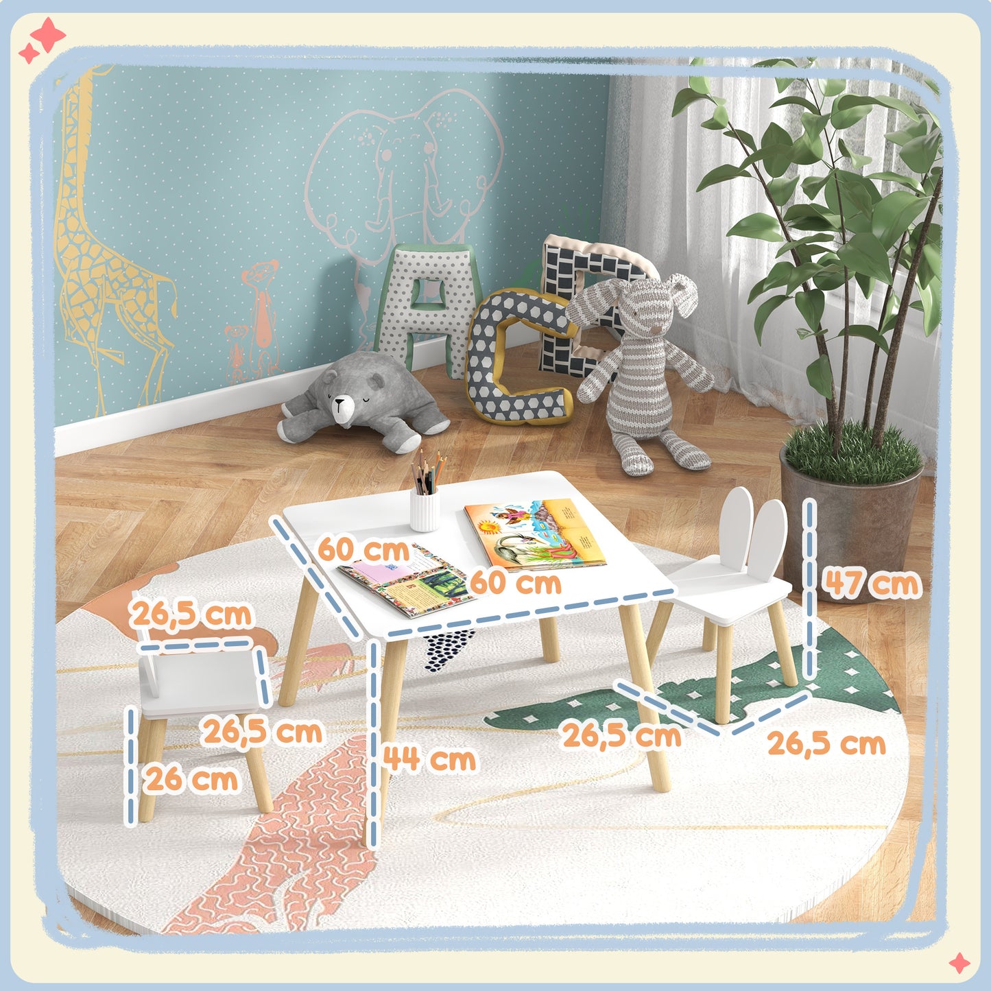 AIYAPLAY Conjunto de Mesa Infantil e 2 Cadeiras Mesa Infantil com Costas de Cadeiras com Orelhas de Coelho Mesa Infantil para Quarto de Bebé Sala de Jogos Branca