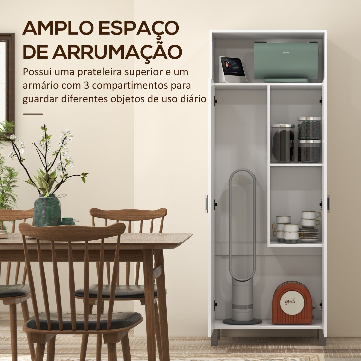 HOMCOM Armário Multiuso com 2 Portas Compartimento Aberto e Prateleira Ajustável para Sala de Estar Cozinha Lavandaria 70x35x188 cm Branco