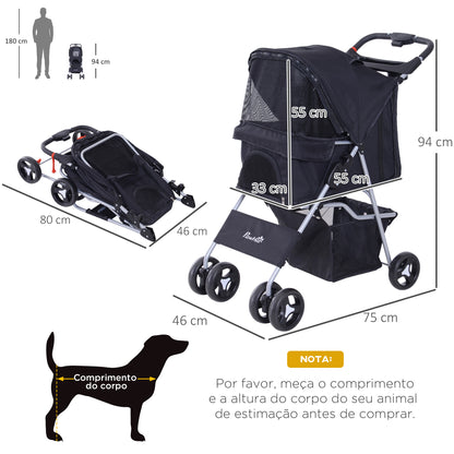 PawHut Carrinho para Animais de Estimação Dobrável para Cães com Capô Ajustável Cesta de Armazenamento e Rodas com Freio Tecido Oxford Estrutura de Aço 74x46x94cm Preto