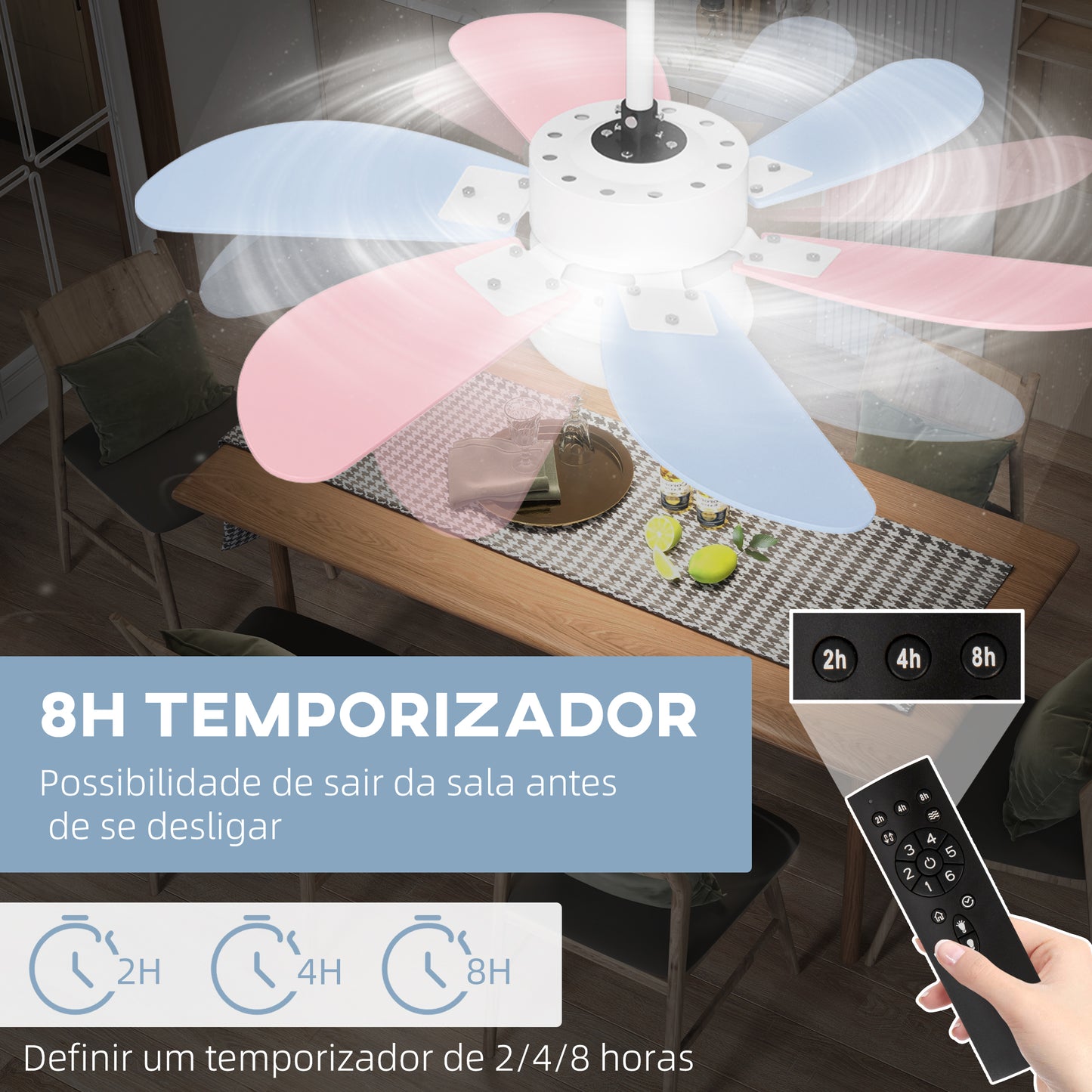 HOMCOM Ventoinha de Teto com Luz 34W Ø82,5 cm Ventoinha de Teto Silencioso com 6 Lâminas Reversíveis Controlo Remoto 6 Velocidades e Temporizador para Quarto Sala Multicolor