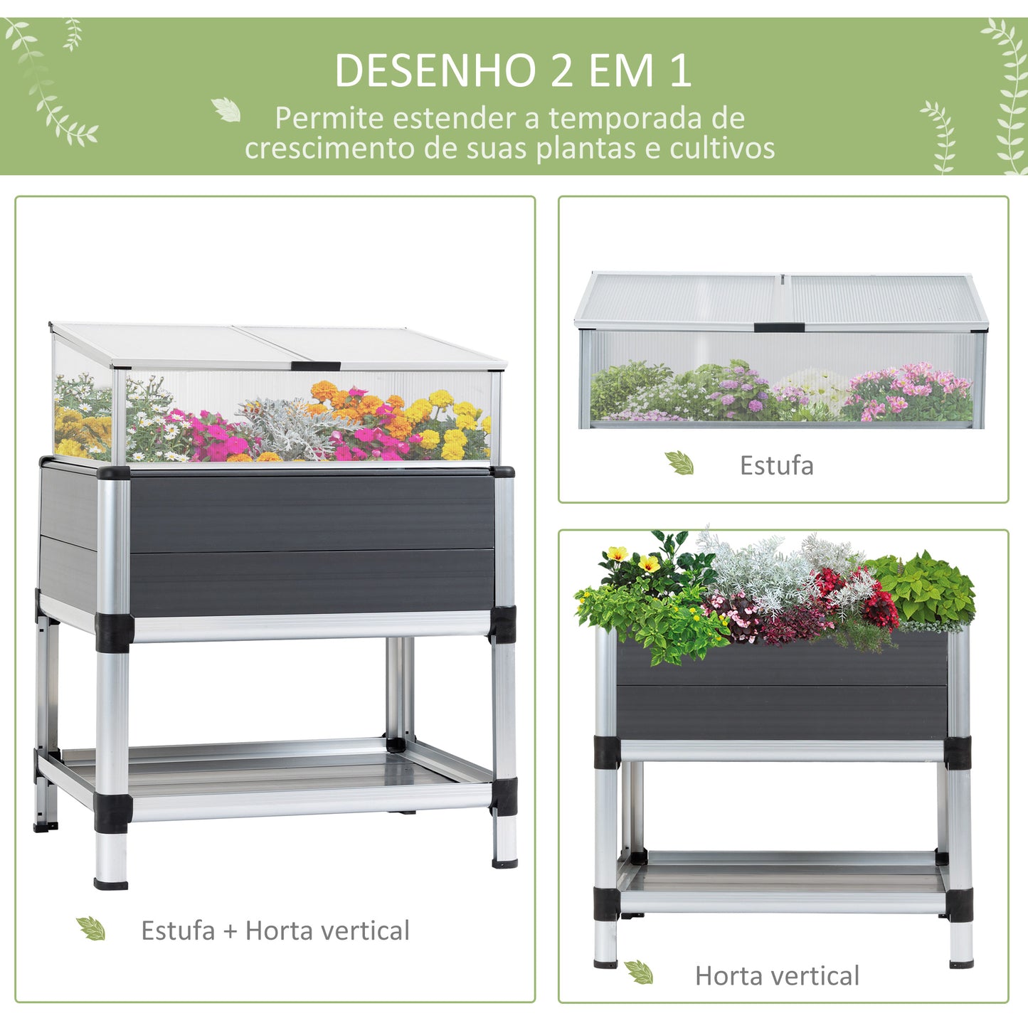 Outsunny Horta Elevada de Alumínio 78,5x61x99,5 Estufa com Cobertura de Policarbonato Teto Retrátil e Prateleira Inferior para Cultivos de Plantas e Flores Cinza