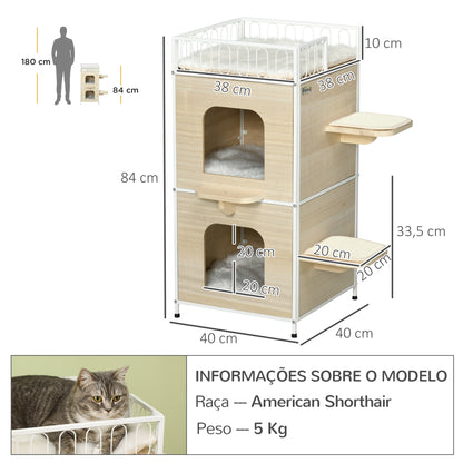 PawHut Casa para Gatos de 3 Níveis Cama Caverna para Gatos de Madeira com 2 Arranhadores 3 Almofadas Laváveis e Cama Superior 40x40x84 cm Madeira