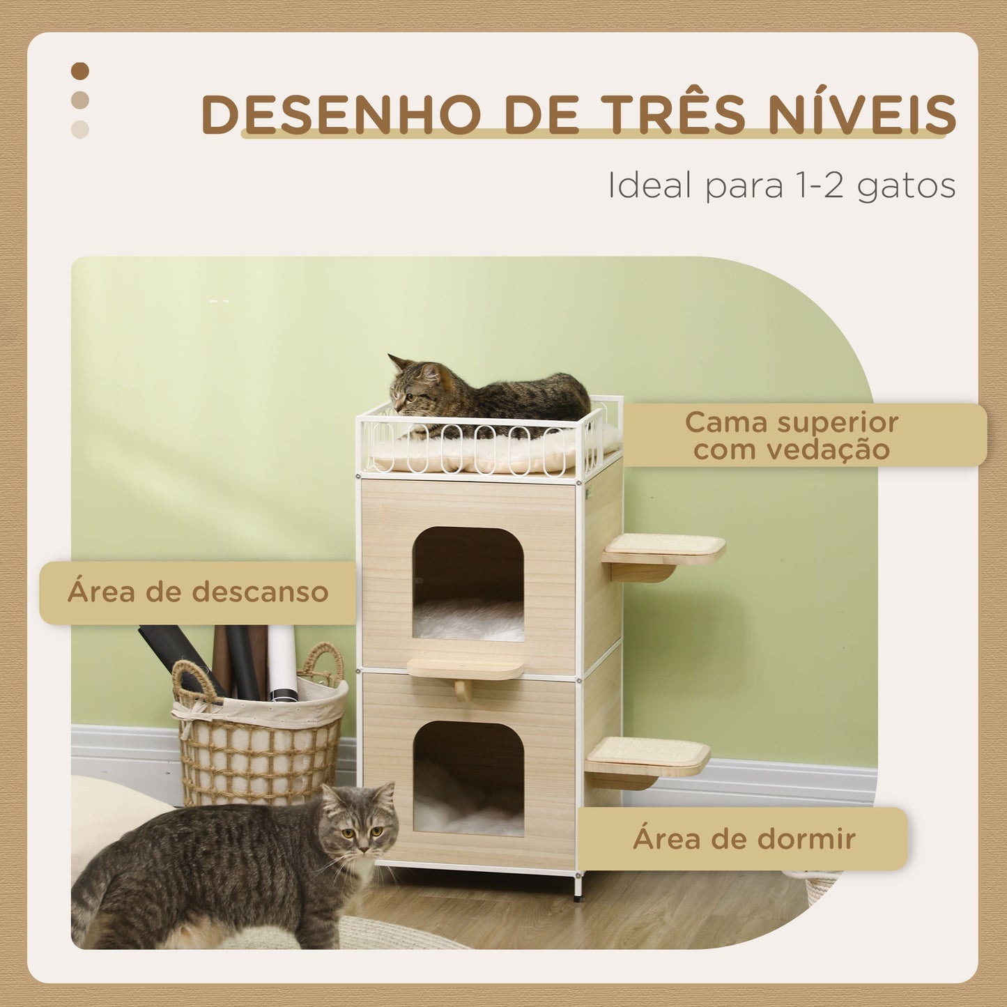 PawHut Casa para Gatos de 3 Níveis Cama Caverna para Gatos de Madeira com 2 Arranhadores 3 Almofadas Laváveis e Cama Superior 40x40x84 cm Madeira