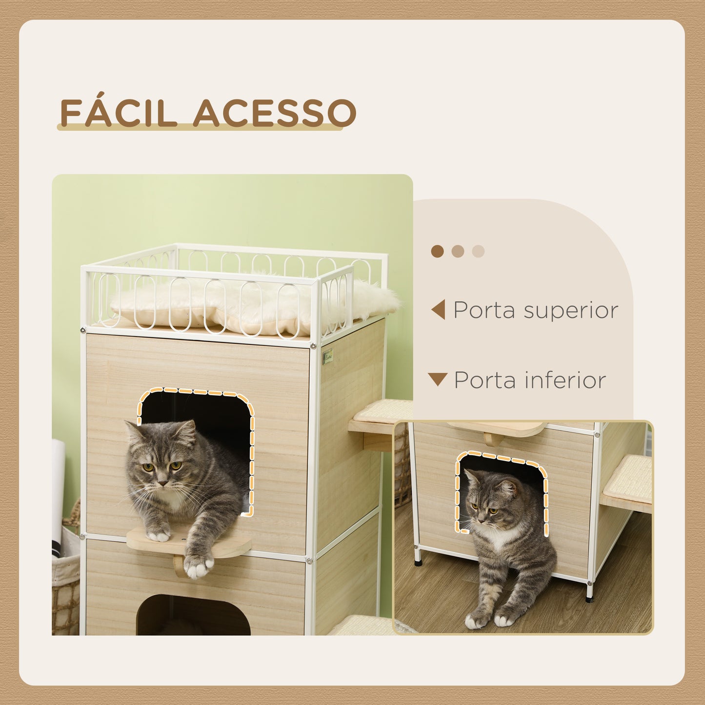 PawHut Casa para Gatos de 3 Níveis Cama Caverna para Gatos de Madeira com 2 Arranhadores 3 Almofadas Laváveis e Cama Superior 40x40x84 cm Madeira