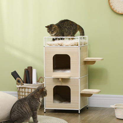 PawHut Casa para Gatos de 3 Níveis Cama Caverna para Gatos de Madeira com 2 Arranhadores 3 Almofadas Laváveis e Cama Superior 40x40x84 cm Madeira