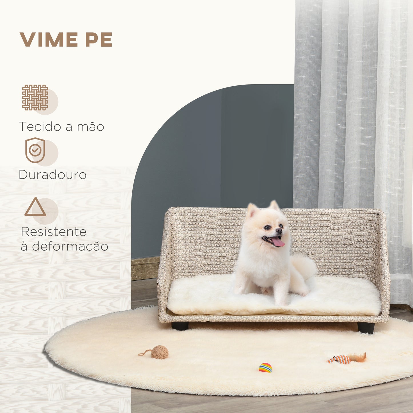 PawHut Sofá Cama de Vime para Cães Gatos Cama Elevada com Almofada Lavável e Encosto Alto para Interior e Exterior 70,5x40x37,5cm Bege