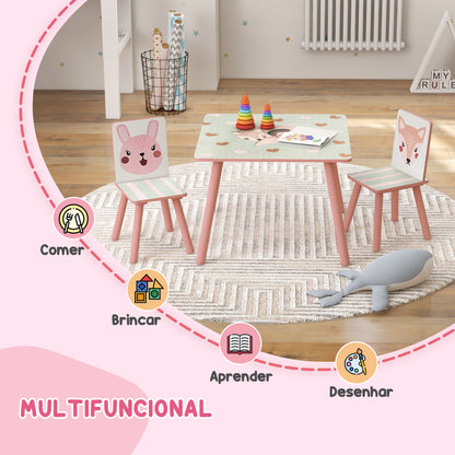 ZONEKIZ Conjunto de Mesa e Cadeiras para Crianças de 3 Peças Mesa Infantil com 2 Cadeiras Conjunto de Móveis para Atividades com Crianças de 3-8 Anos para Dormitório Sala de Jogos Rosa