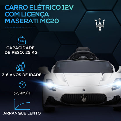 AIYAPLAY Carro Elétrico para Crianças acima de 3 Anos com Licença Maserati MC20 Carro Elétrico Infantil com Bateria 12V Controlo Remoto Farois Buzina e Música 105x65,5x42 cm Branco