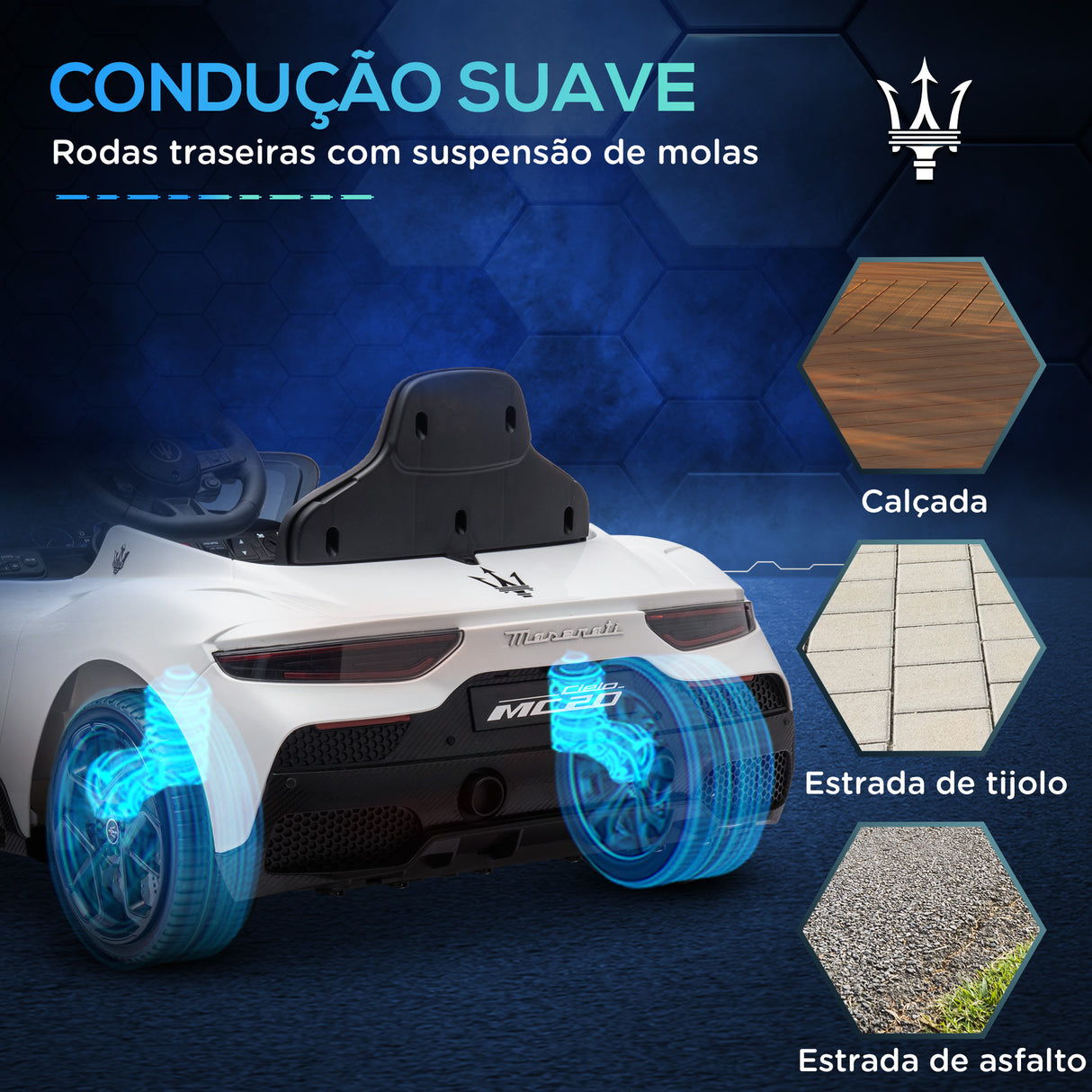 AIYAPLAY Carro Elétrico para Crianças acima de 3 Anos com Licença Maserati MC20 Carro Elétrico Infantil com Bateria 12V Controlo Remoto Farois Buzina e Música 105x65,5x42 cm Branco