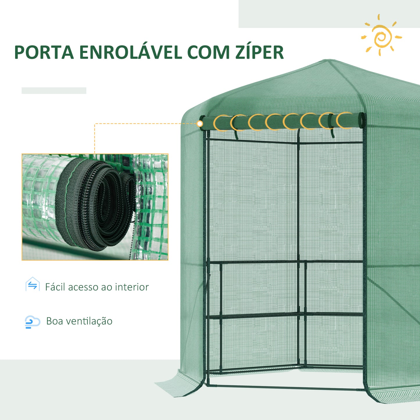 Outsunny Estufa de Jardim Hexágono 194x194x215cm Estufa com 6 Prateleiras Porta Enrolável e Estrutura de Aço Galvanizado para Cultivos de Plantas Vasos de Flores Verde