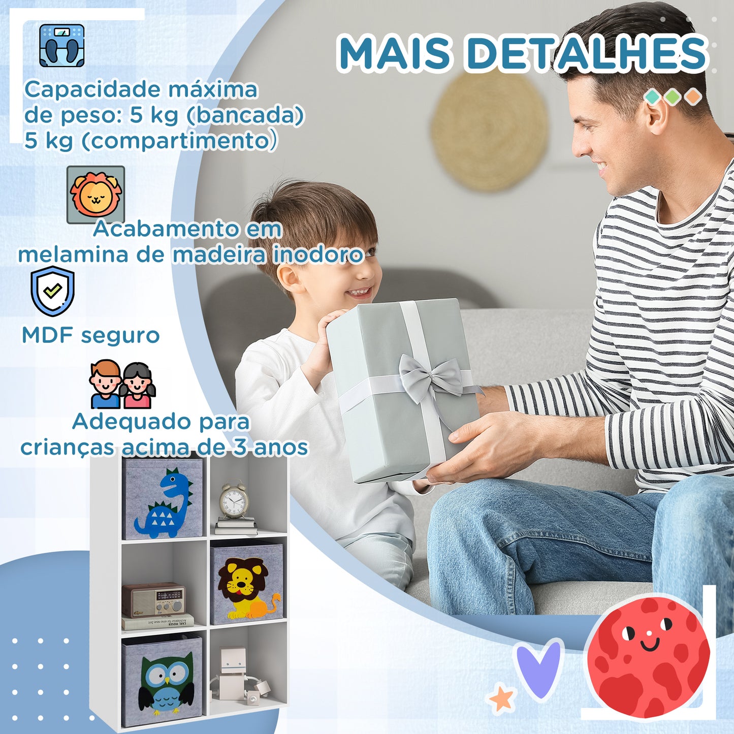 ZONEKIZ Estante para Brinquedos Estante para Crianças acima de 3 Anos com 6 Compartimentos de Armazenamento e 3 Caixas de Tecido não Tecido com Desenho de Animais 61,8x29,9x91,5 cm Branco e Cinza