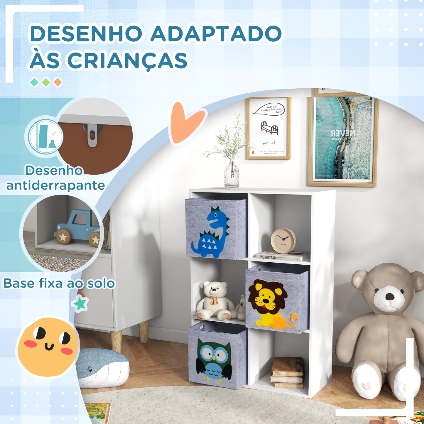 ZONEKIZ Estante para Brinquedos Estante para Crianças acima de 3 Anos com 6 Compartimentos de Armazenamento e 3 Caixas de Tecido não Tecido com Desenho de Animais 61,8x29,9x91,5 cm Branco e Cinza