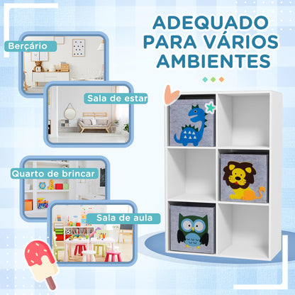 ZONEKIZ Estante para Brinquedos Estante para Crianças acima de 3 Anos com 6 Compartimentos de Armazenamento e 3 Caixas de Tecido não Tecido com Desenho de Animais 61,8x29,9x91,5 cm Branco e Cinza