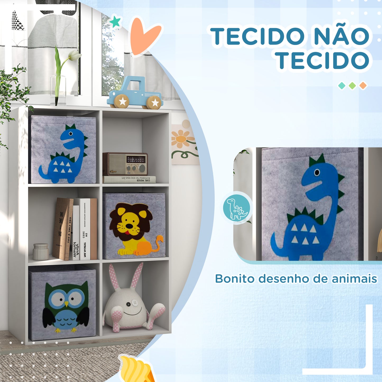 ZONEKIZ Estante para Brinquedos Estante para Crianças acima de 3 Anos com 6 Compartimentos de Armazenamento e 3 Caixas de Tecido não Tecido com Desenho de Animais 61,8x29,9x91,5 cm Branco e Cinza