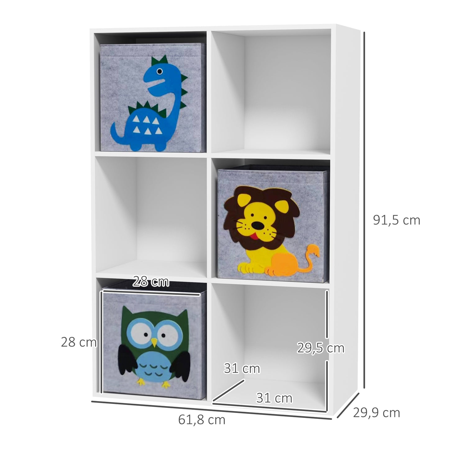 ZONEKIZ Estante para Brinquedos Estante para Crianças acima de 3 Anos com 6 Compartimentos de Armazenamento e 3 Caixas de Tecido não Tecido com Desenho de Animais 61,8x29,9x91,5 cm Branco e Cinza