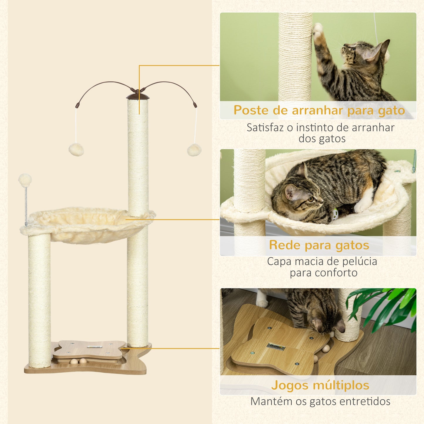 PawHut Árvore Arranhador para Gatos com Rede Postes de Sisal Altura 90cm Torre para Gatos com Bolas Suspensas Giratórias e Múltiplos Jogos 53,5x53,5x90cm Bege