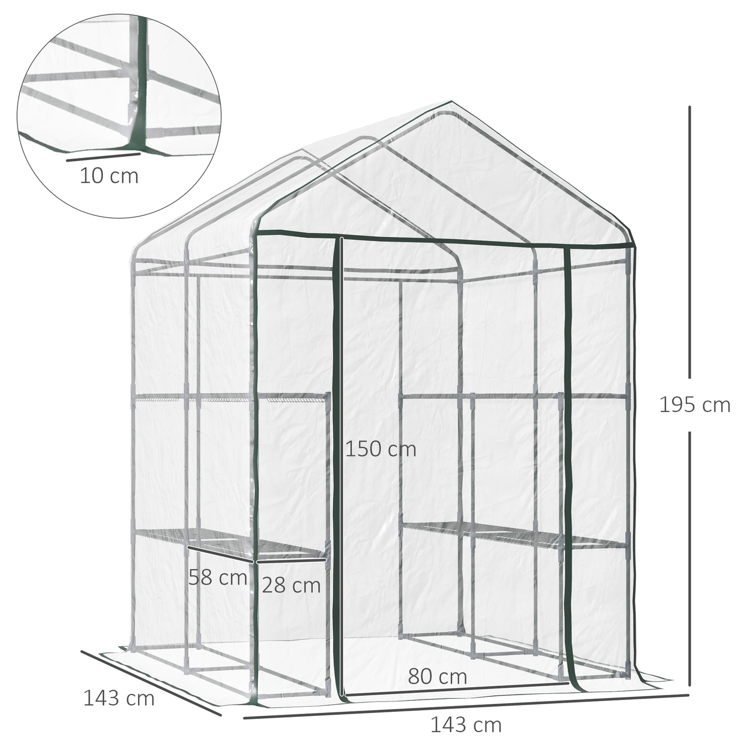 Outsunny Estufa Transparente de Jardim Estufa de Plantas de 3 Níveis com Prateleiras Estrutura de Aço 143x143x195cm Transparente e Verde