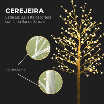 Árvore Cerejeira com 180 Luzes LED IP4 Banco Quente Candeeiro Decorativo com Flor de Cereja com Luz Ajustável em 3 Modos para Sala de Estar Festas Interiores 21,5x21,5x180cm Branco