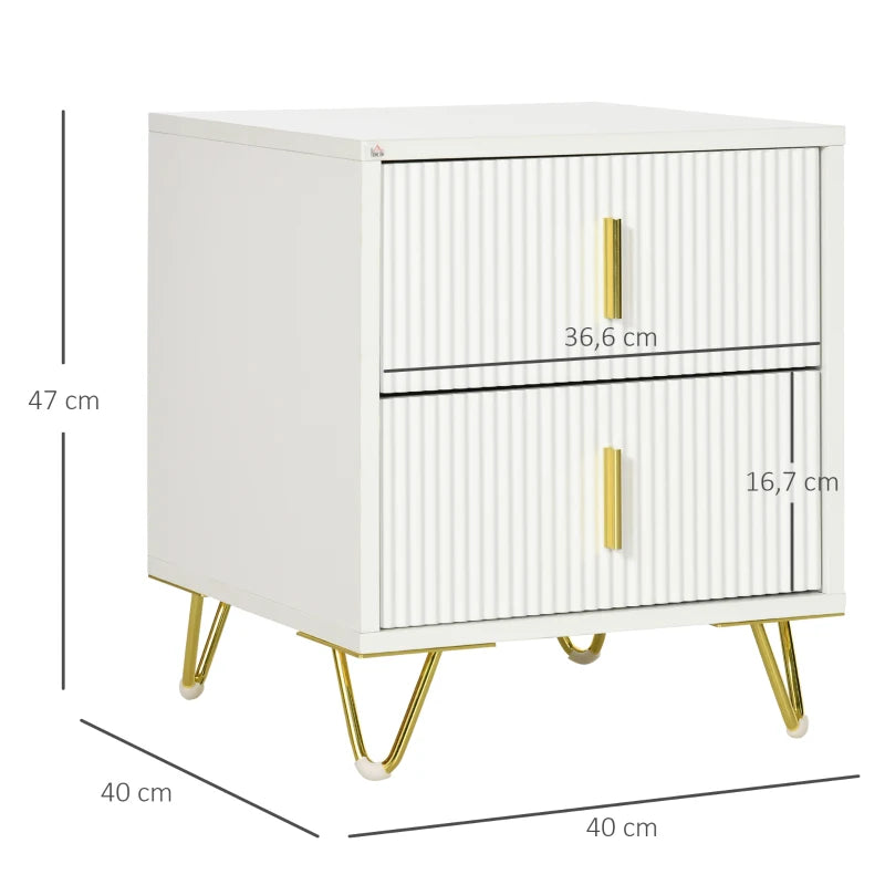 Mesa de Cabeceira "Coimbra" com 2 Gavetas – 40x40x47 cm – Branco e Dourado – Design Moderno