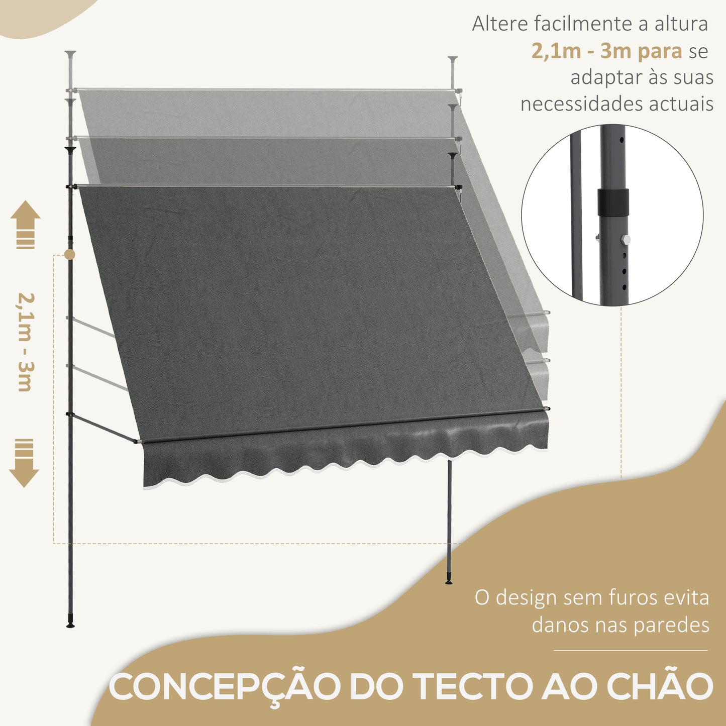 Outsunny Toldo Manual Retrátil com Manivela 300x120x210-300 cm Toldo para Varanda com Altura Ajustável Impermeável e Anti-UV para Jardim Terraço Cinza Escuro