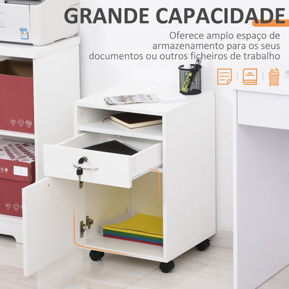 HOMCOM Bloco de Gavetas de Escritório com 4 Rodas Bloco de Gavetas com Fechadura Prateleira Aberta e Armário para Estúdio Dormitório 40x35x60 cm Branco