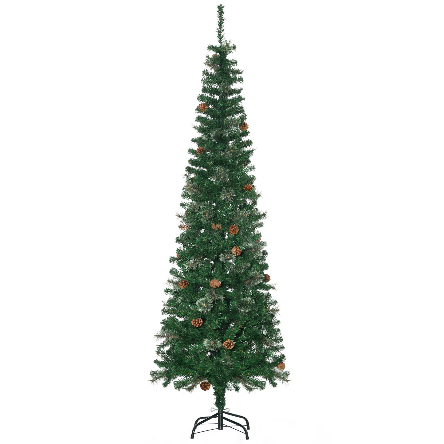 HOMCOM Árvore de Natal Artificial 195 cm Árvore de Natal com 556 Ramos Árvore de Natal Estreita Slim com 25 Pinhas Base Dobrável Ø54x195 cm Verde