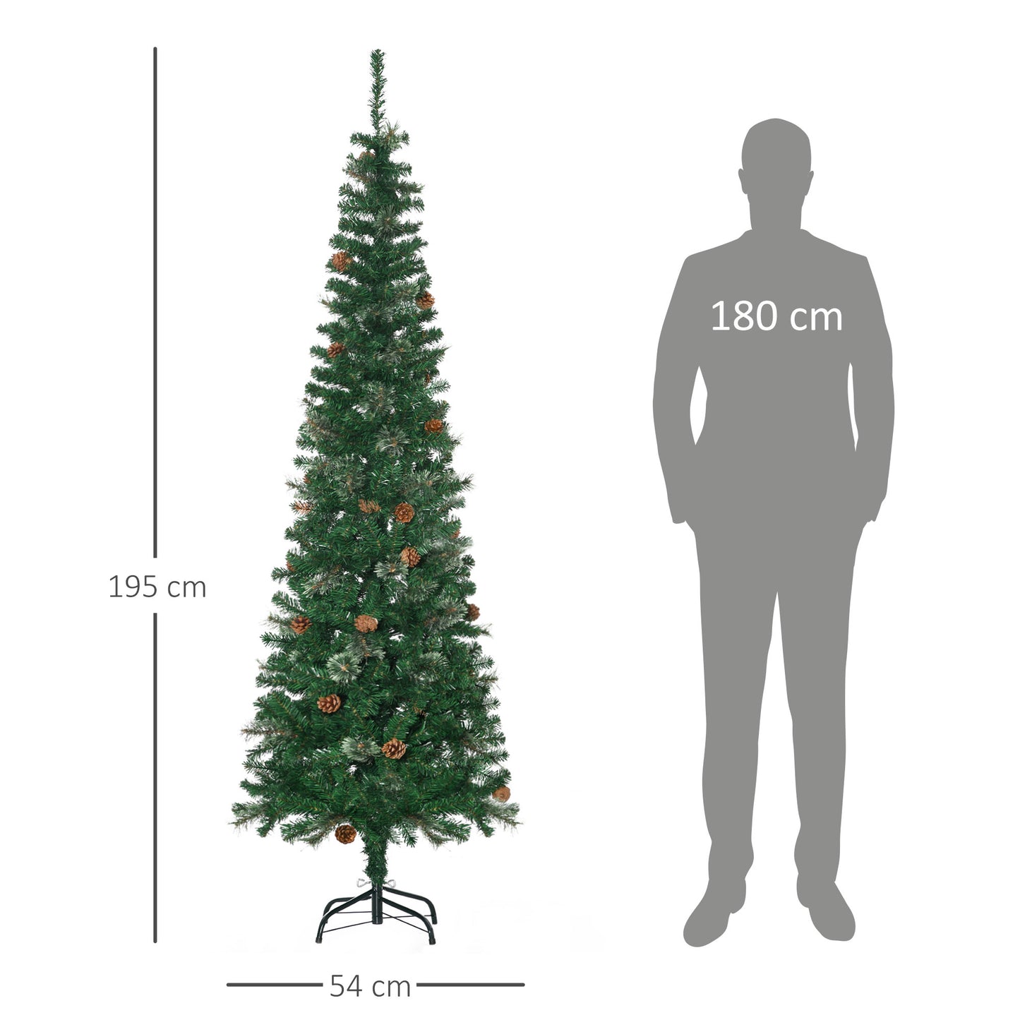 HOMCOM Árvore de Natal Artificial 195 cm Árvore de Natal com 556 Ramos Árvore de Natal Estreita Slim com 25 Pinhas Base Dobrável Ø54x195 cm Verde